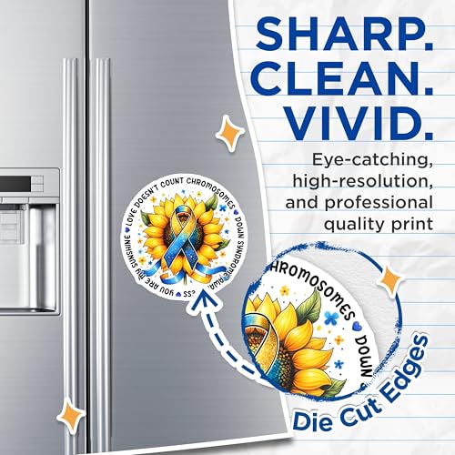 (2 Pack) Love Doesn't Count Chromosomes Magnets - Down Syndrome Awareness - Inspirational Sunflower Design - 5" On Longest Side - for Cars, Fridges, Toolboxes - Made in USA - MAG8213