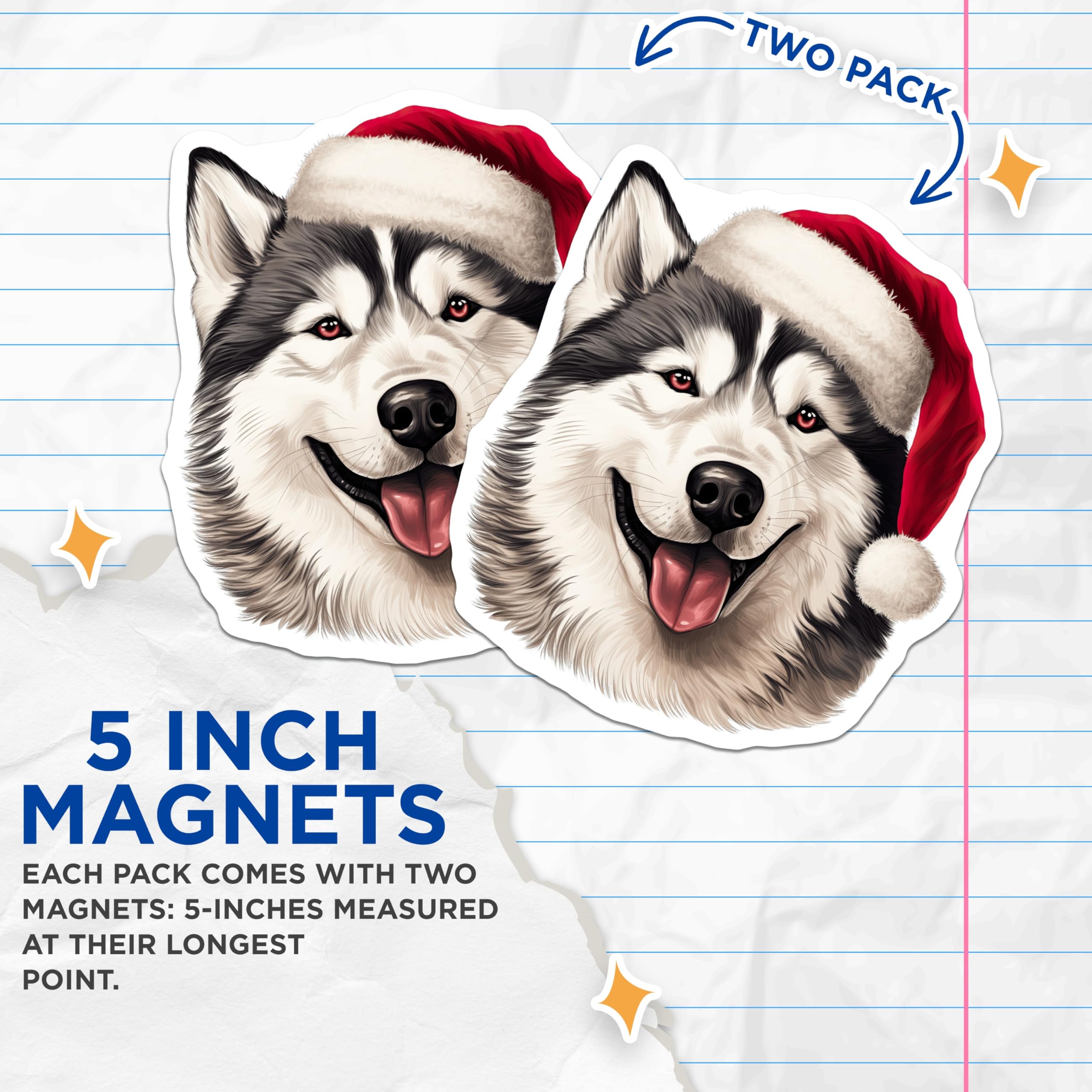 (2 Pack) Christmas Husky Magnets - Santa Dog Decor - Holiday Animal Art - Pet Lover Refrigerator - Malamute Xmas Dog - 5 Inches On Longest Side - Thick Durable Magnet - Made in USA - MAG25434