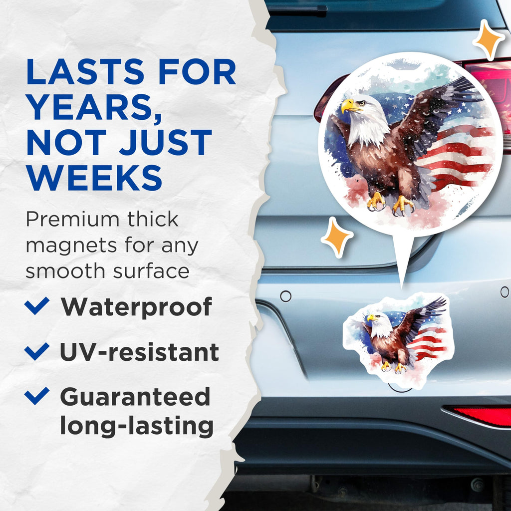 (2 Pack) Bald Eagle Magnets - American Flag Watercolor Art - Majestic Bird USA Decor - Freedom Symbol Home Accent - 5 Inches On Longest Side - Thick Durable Magnet - Made in USA - MAG21022