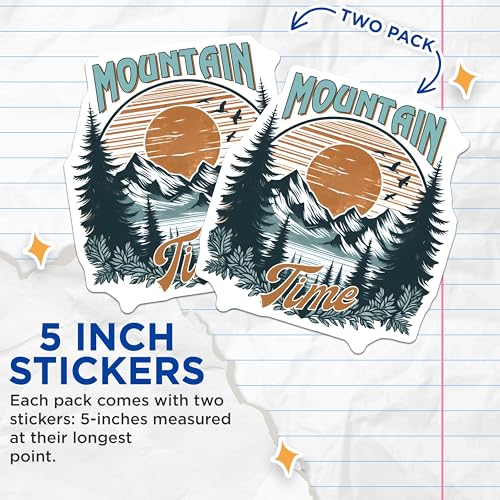 (2 Pack) Mountain Time Stickers - Nature Adventure Stickers - Hiking Outdoor Vinyl Decals - 5" On Longest Side - Sticks to Any Smooth Flat Surface - Made in USA - BMCS3266