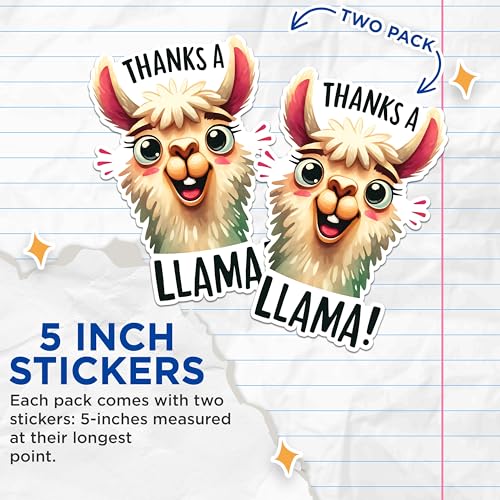 (2 Pack) Thanks A Llama Stickers - Funny Animal Stickers - Cute Llama Art - 5" On Longest Side - Sticks to Any Smooth Flat Surface - Made in USA - BMCS2650