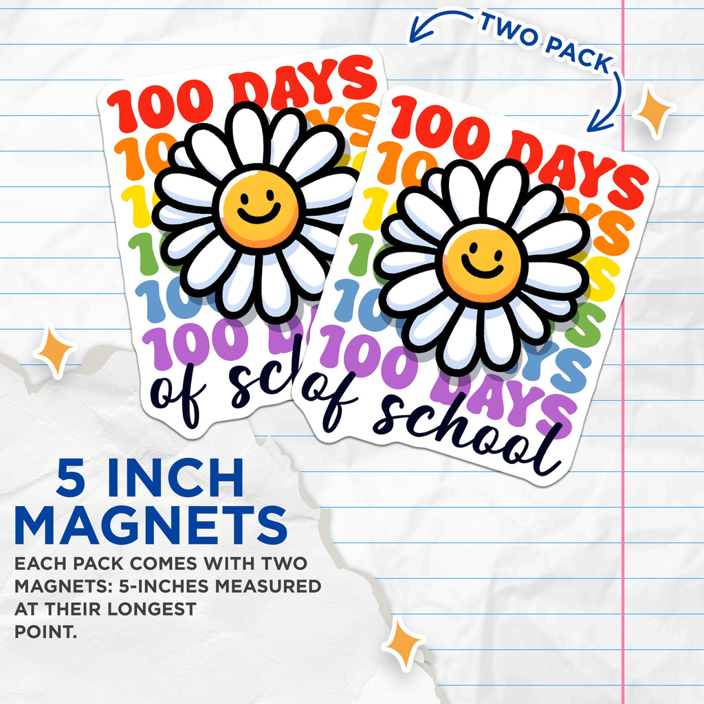 (2 Pack) 100th Day of School Magnets - Groovy Teacher Appreciation - Retro Happy Daisy - 5 Inches On Longest Side - Thick Durable Magnet - Made in USA - MAG39985
