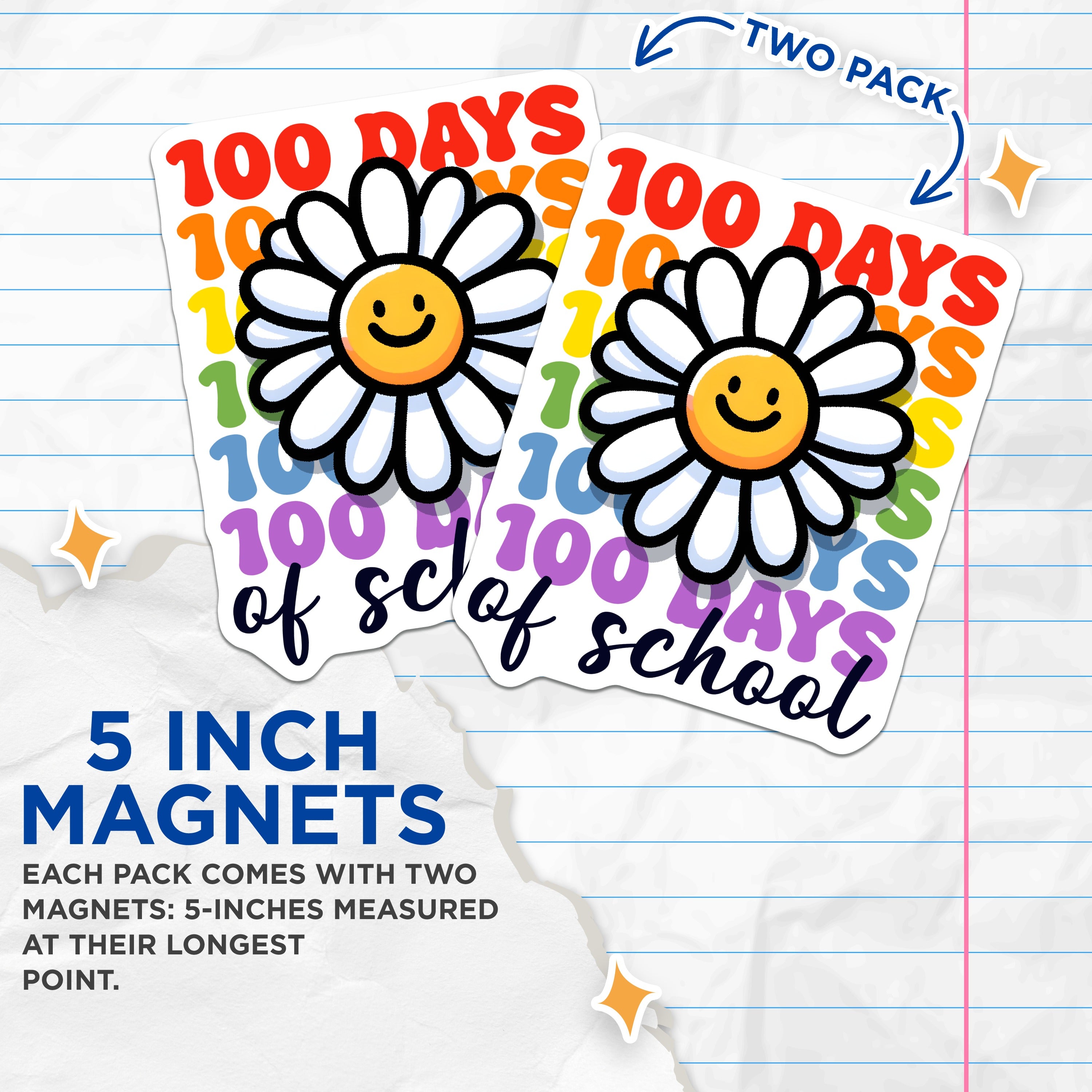 (2 Pack) 100th Day of School Magnets - Groovy Teacher Appreciation - Retro Happy Daisy - 5 Inches On Longest Side - Thick Durable Magnet - Made in USA - MAG39985
