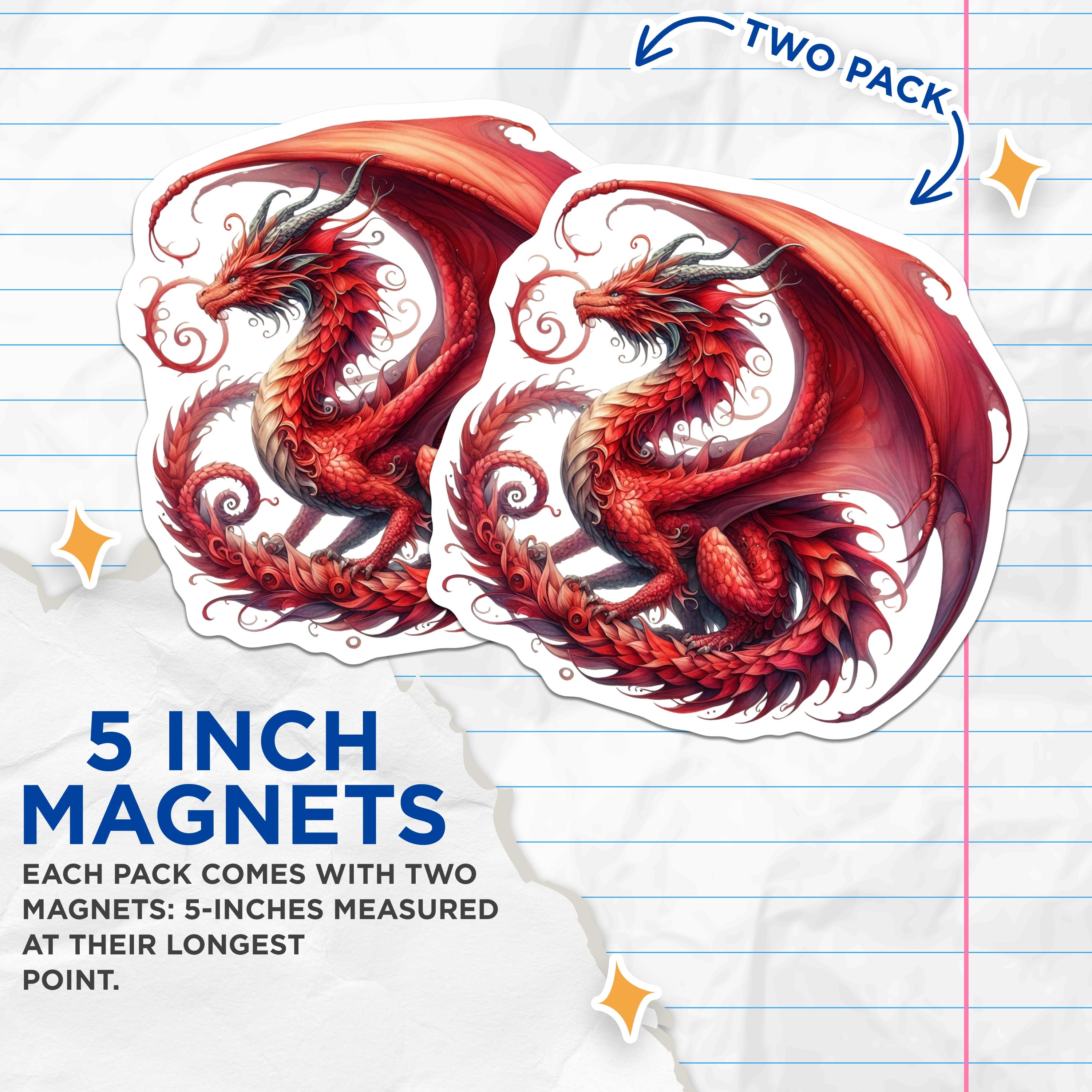 (2 Pack) Majestic Red Dragon Magnets - Fantasy Creature Enthusiast Decor - Mythical Beast Art Collection - 5 Inches On Longest Side - Thick Durable Magnet - Made in USA - MAG37945
