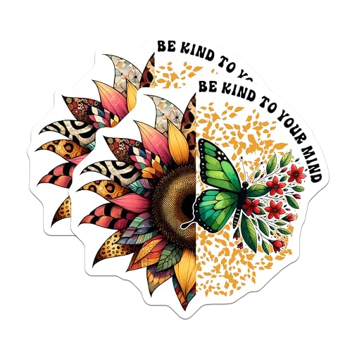 (2 Pack) Be Kind to Your Mind Stickers - Inspirational Sunflower Butterfly Stickers - Positive Mental Health Stickers - 5" On Longest Side - Sticks to Any Smooth Flat Surface - Made in USA - BMCS3228