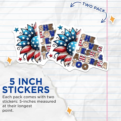(2 Pack) She Loves Jesus and America Too Stickers - Patriotic Sunflower - Faith-Based Decals - 5" On Longest Side - Sticks to Smooth Flat Surfaces - Made in USA - BMCS7868