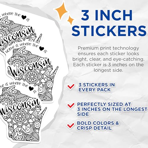 (3 Pack) Wisconsin Decals - Home State Sticker - Mandala Design Decal - 3 Inches On Longest Side - Easy Peel & Apply - Made in USA - 3MCS7863