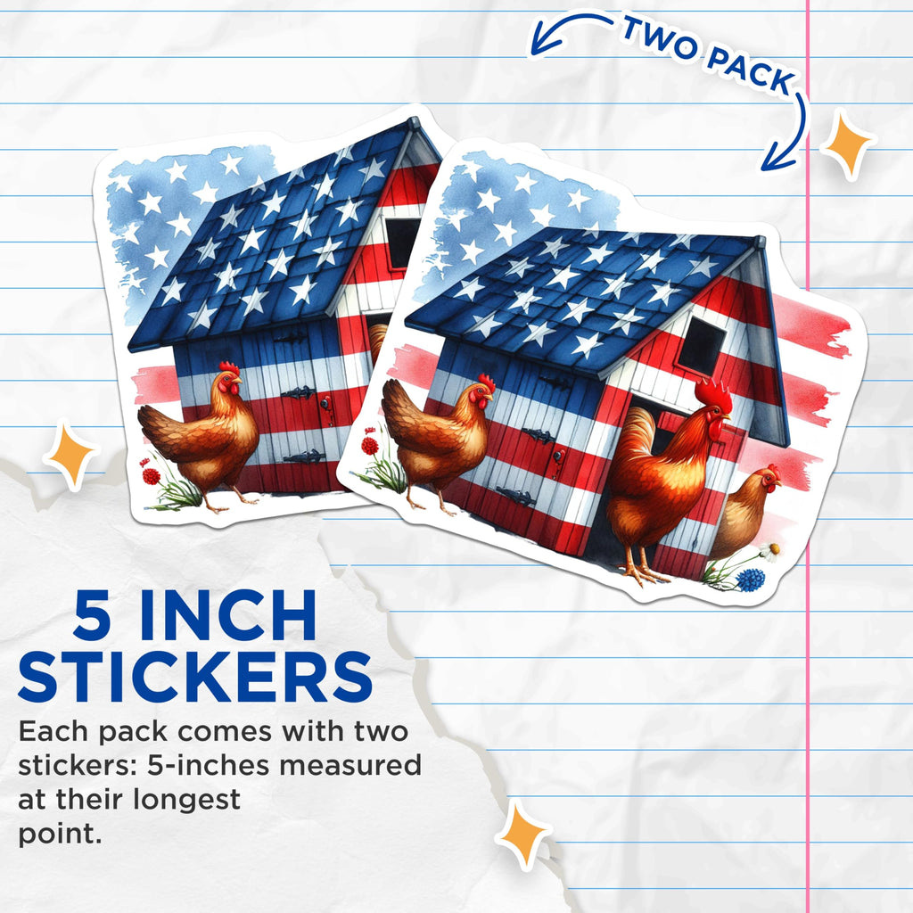 (2 Pack) Patriotic Chicken Coop Stickers - American Flag Rooster - Farm Life Sticker - 5" On Longest Side - Sticks to Smooth Flat Surfaces - Made in USA - BMCS7284