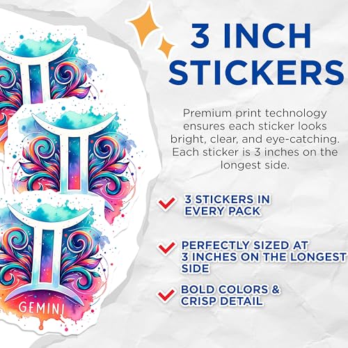 (3 Pack) Gemini Zodiac Decals - Colorful Astrology Symbol - Celestial Laptop Decal- 3 Inches On Longest Side - Easy Peel & Apply - Made in USA - 3MCS5387