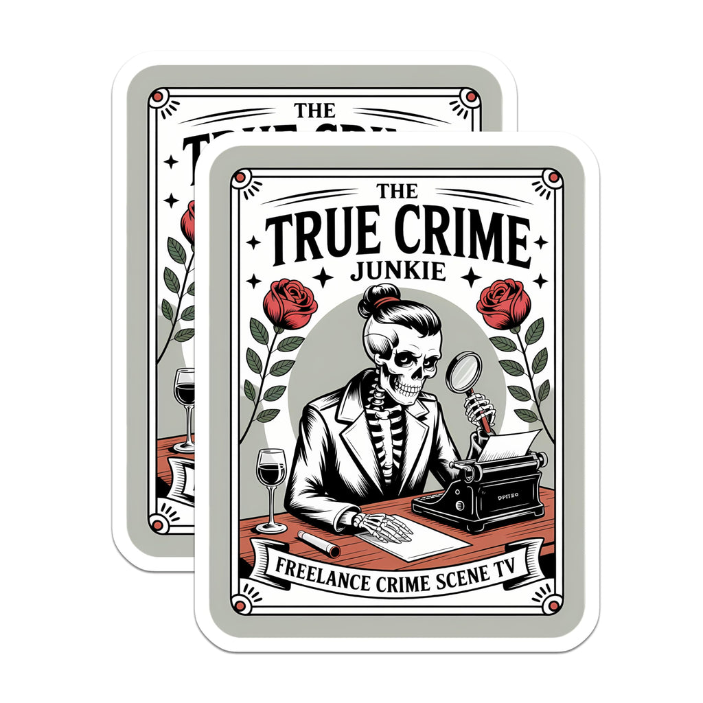 (2 Pack) True Crime Junkie Magnets - Skeleton Detective Magnifying Glass - Mystery Crime Scene Decor - Gothic Noir Art - 5 Inches On Longest Side - Thick Durable Magnet - Made in USA - MAG20718
