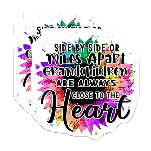 (2 Pack) Grandchildren Always Close Heart Stickers - Positive Quotes Stickers - Inspirational Floral Stickers - 5" On Longest Side - Sticks to Smooth Flat Surfaces - Made in USA - BMCS5780