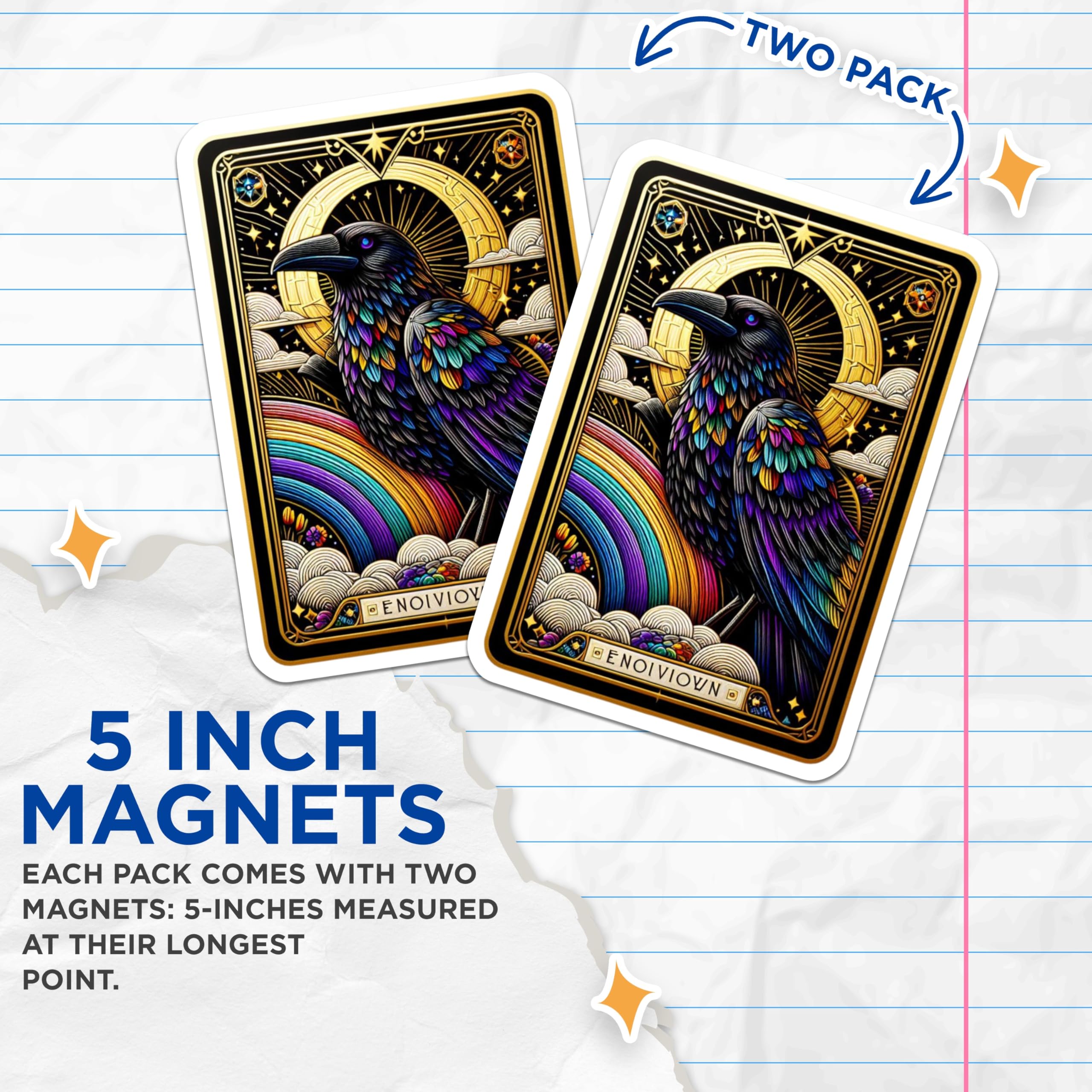(2 Pack) Colorful Iridescent Raven Magnets - Mystical Rainbow Celestial Bird Art - Esoteric Tarot Aesthetic Nature Decor - 5 Inches On Longest Side - Thick Durable Magnet - Made in USA - MAG20692