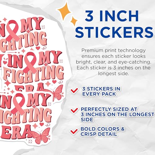 (3 Pack) Fighting Era Decals - Breast Cancer Awareness - Laptop Decal - 3 Inches On Longest Side - Easy Peel & Apply - Made in USA - 3MCS4391