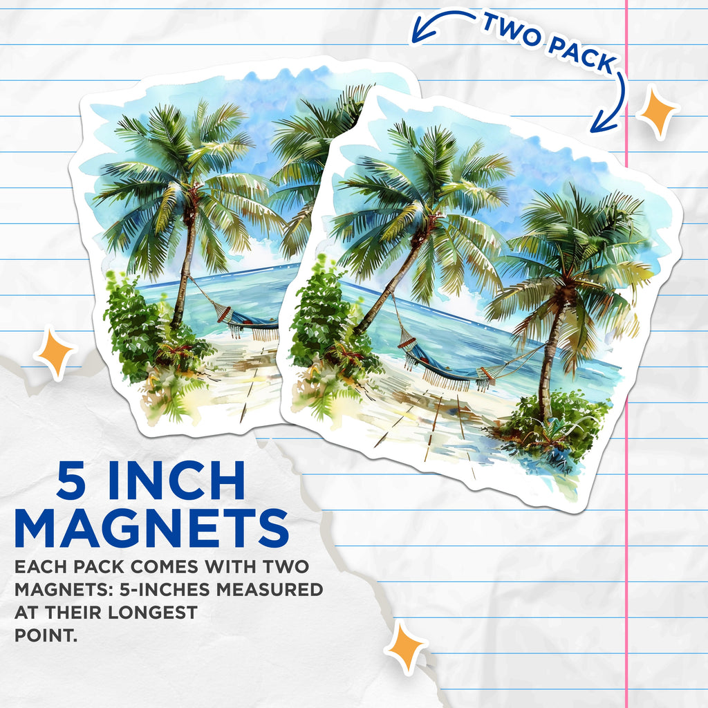 (2 Pack) Tropical Beach Scene Magnets - Watercolor Palm Tree Art - Relaxing Hammock Decor - 5 Inches On Longest Side - Thick Durable Magnet - Made in USA - MAG37314