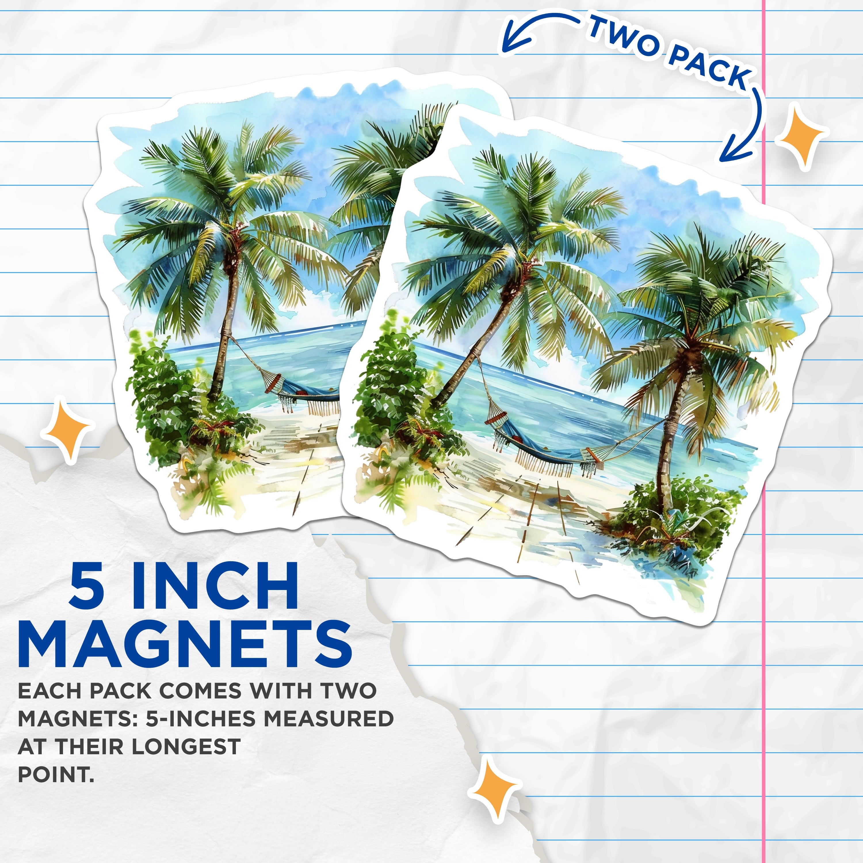 (2 Pack) Tropical Beach Scene Magnets - Watercolor Palm Tree Art - Relaxing Hammock Decor - 5 Inches On Longest Side - Thick Durable Magnet - Made in USA - MAG37314