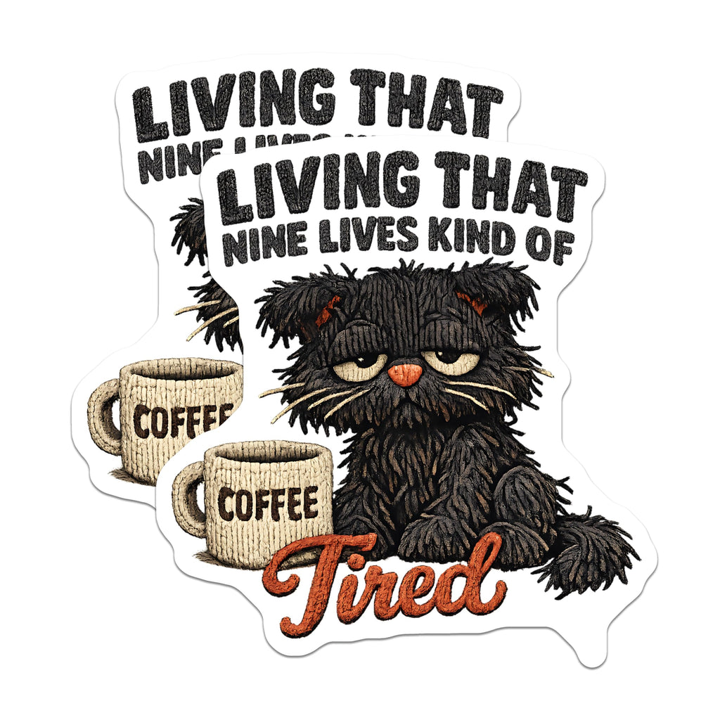 (2 Pack) Tired Cat Magnets - Grumpy Feline Coffee Lover Refrigerator Decor - Living Nine Lives Kitty Humor Animal Art - 5 Inches On Longest Side - Thick Durable Magnet - Made in USA - MAG22218