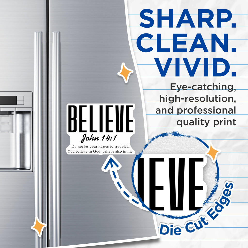 (2 Pack) Believe Magnets - John 14:1 Scripture Quote - Christian Inspirational Faith Decor - 5 Inches On Longest Side - Thick Durable Magnet - Made in USA - MAG24279