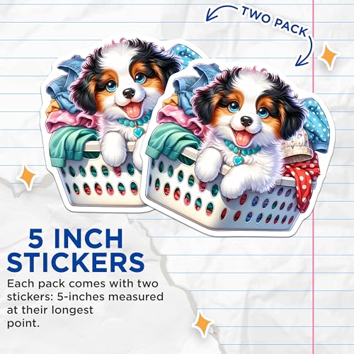 (2 Pack) Cute Puppy Dog Stickers - Laundry Basket Puppy - Adorable Pet Stickers - 5" On Longest Side - Sticks to Smooth Flat Surfaces - Made in USA - BMCS9414