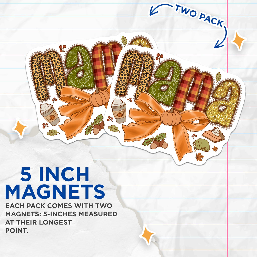 (2 Pack) Mama Fall Magnets - Pumpkin Spice Decor - Cozy Autumn Vibes - Leopard Plaid Glitter Art - 5 Inches On Longest Side - Thick Durable Magnet - Made in USA - MAG24488