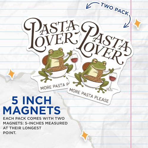 (2 Pack) Pasta Lover Magnets - Funny Kitchen - Frog Eating Pasta Design - Foodie Fridge Magnets - Cute Cartoon Magnet - 5" On Longest Side - for Cars, Fridges, Toolboxes - Made in USA - MAG4207