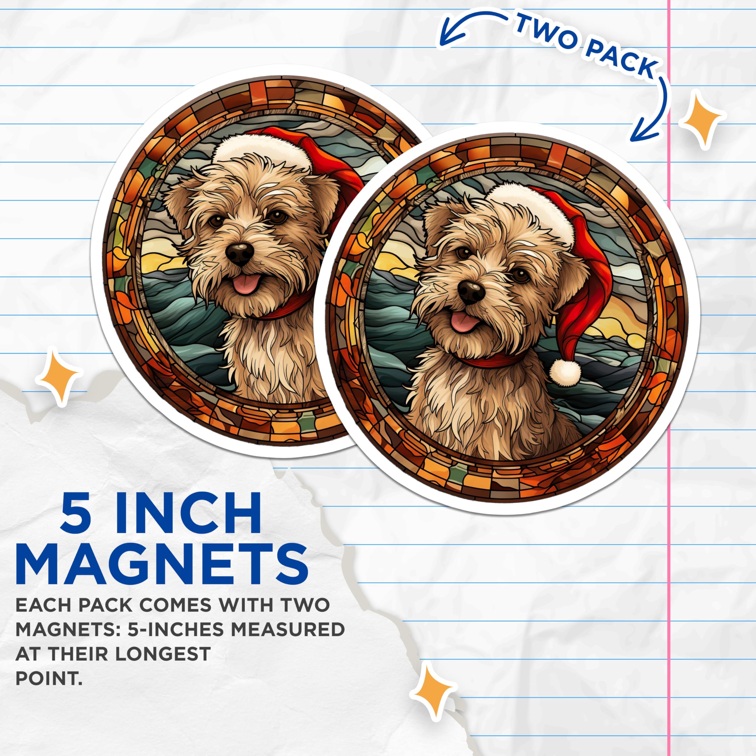 (2 Pack) Christmas Dog Magnets - Festive Stained Glass Terrier Decor - Cute Pet Holiday Refrigerator Magnets - 5 Inches On Longest Side - Thick Durable Magnet - Made in USA - MAG28873