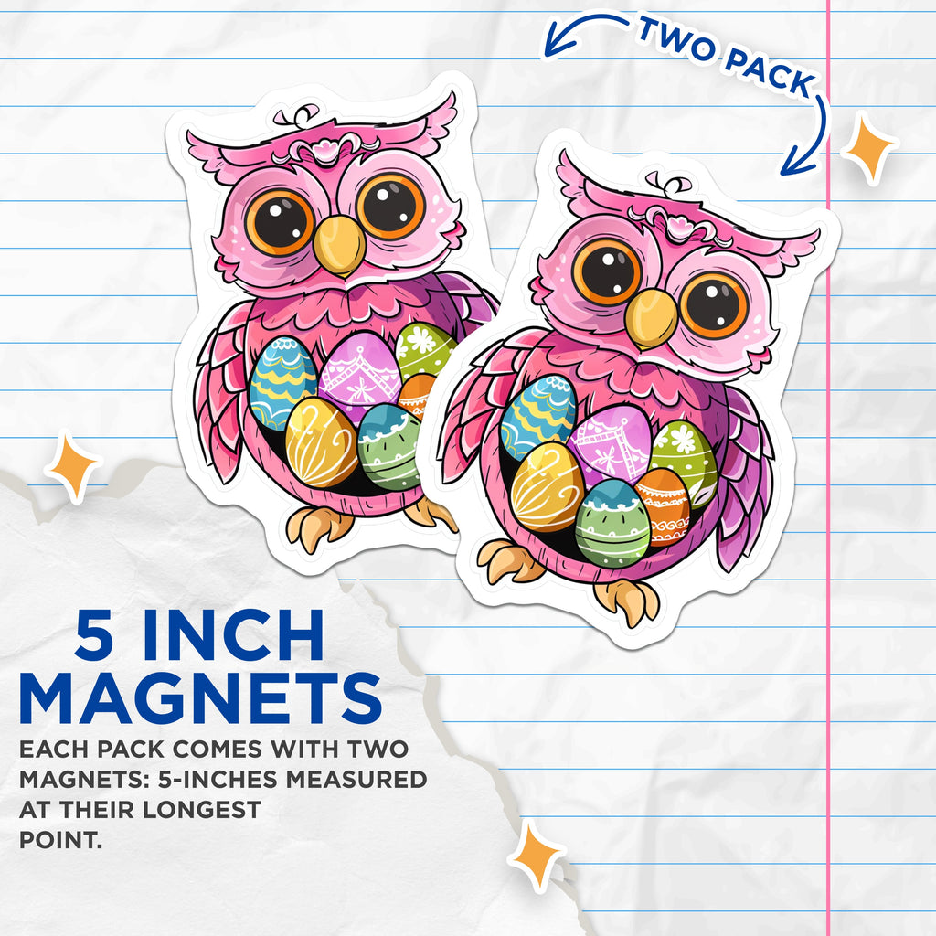 (2 Pack) Easter Owl Magnets - Cute Animal Decor - Spring Refrigerator Art - Kids Room Decor - 5 Inches On Longest Side - Thick Durable Magnet - Made in USA - MAG37393