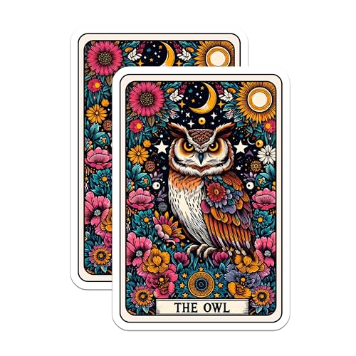 (2 Pack) The Owl Stickers - Colorful Owl Art Decals - Nature Inspired Owl Illustration Stickers - 5" On Longest Side - Sticks to Smooth Flat Surfaces - Made in USA - BMCS4478