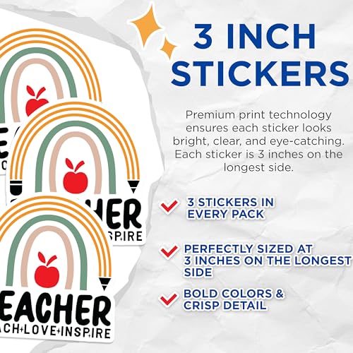 (3 Pack) Teacher Decals - Teach Love Inspire - Educator Appreciation Laptop Decal - 3 Inches On Longest Side - Easy Peel & Apply - Made in USA - 3MCS1885