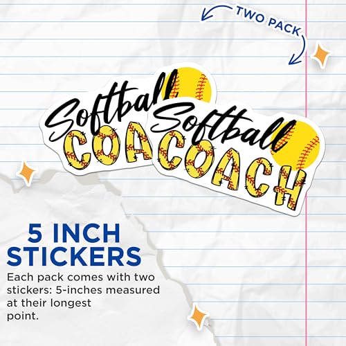 (2 Pack) Softball Coach Stickers - Baseball Enthusiast Decal - Sports Coach Appreciation - 5" On Longest Side - Sticks to Smooth Flat Surfaces - Made in USA - BMCS9220