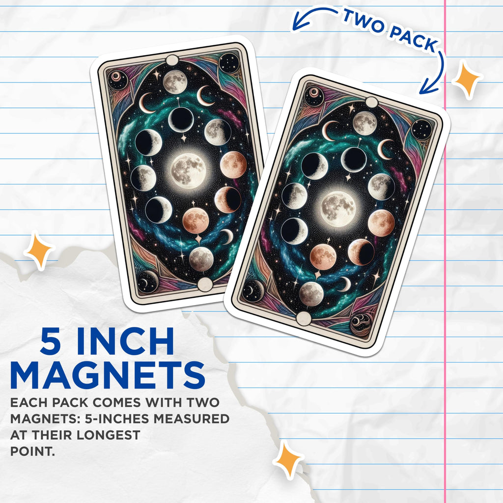 (2 Pack) Moon Phases Magnets - Lunar Cycle Art - Celestial Cosmic Design - Tarot Card Oracle Astrological Fridge Decor - 5 Inches On Longest Side - Thick Durable Magnet - Made in USA - MAG21302