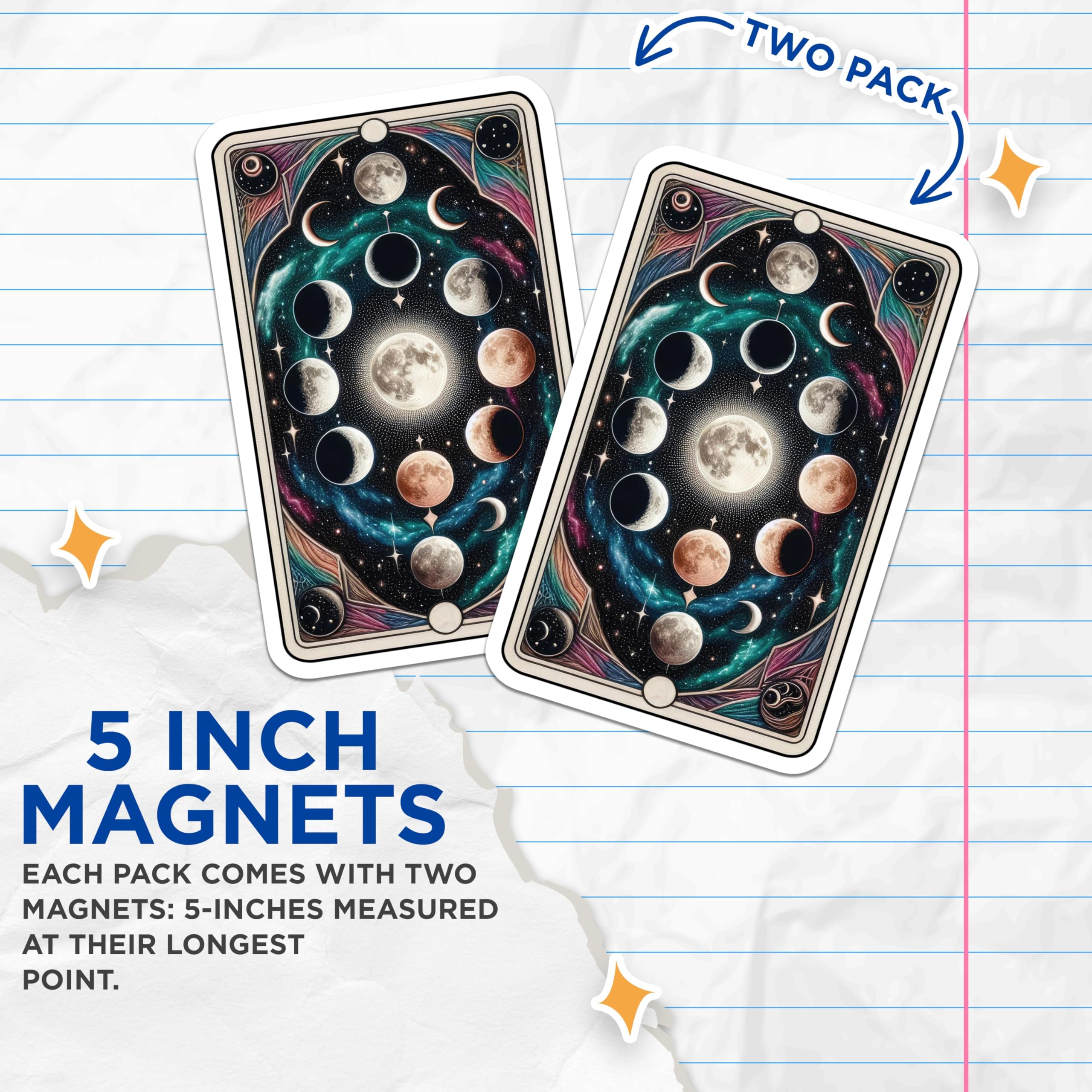 (2 Pack) Moon Phases Magnets - Lunar Cycle Art - Celestial Cosmic Design - Tarot Card Oracle Astrological Fridge Decor - 5 Inches On Longest Side - Thick Durable Magnet - Made in USA - MAG21302