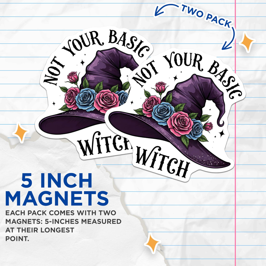(2 Pack) Witch Hat Magnets - Not Your Basic Witch - Floral Hat Magnets - 5" On Longest Side - Premium Magnet - for Cars, Refrigerators, Toolboxes, Lockers - Made in USA - MAG17796