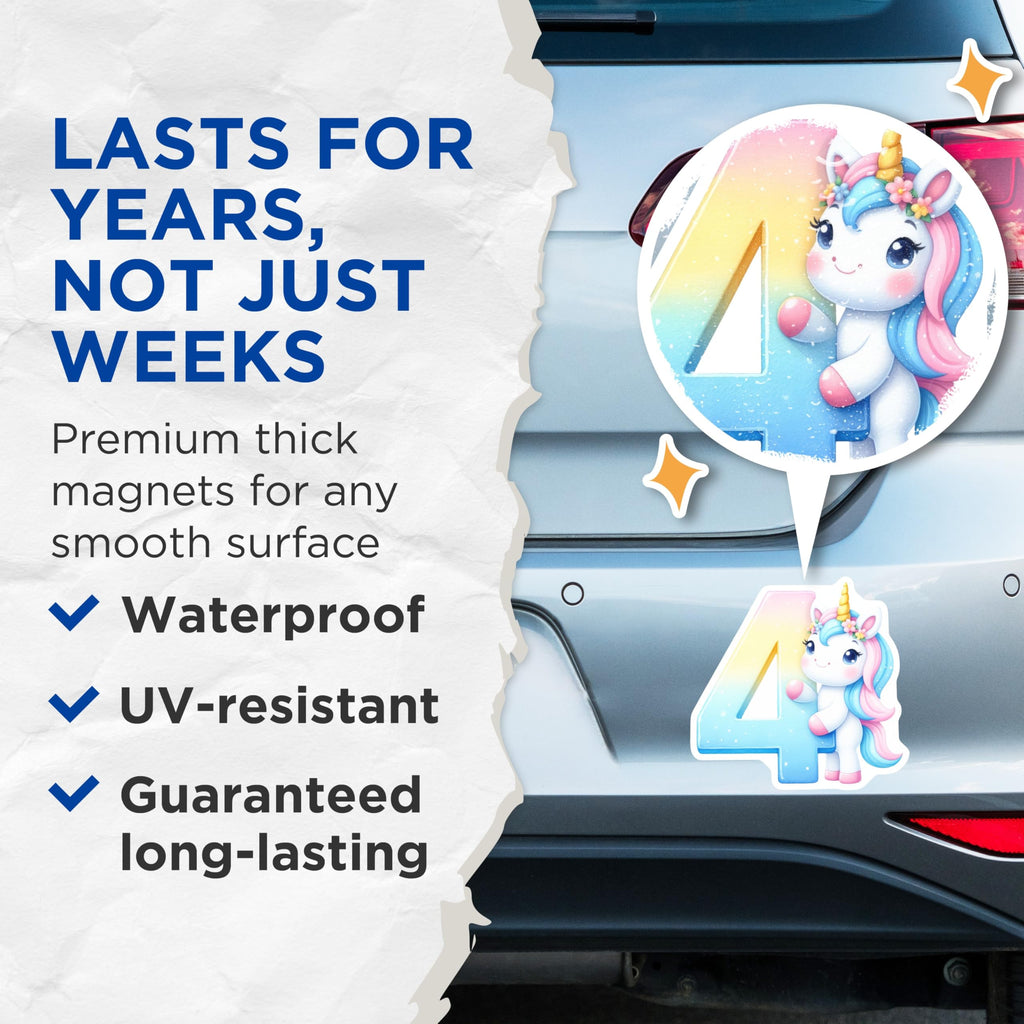(2 Pack) Unicorn Number 4 Magnets - Fourth Birthday Party Decor - Cute Unicorn Magnets - 5" On Longest Side - Premium Magnet - for Cars, Refrigerators, Toolboxes, Lockers - Made in USA - MAG15725