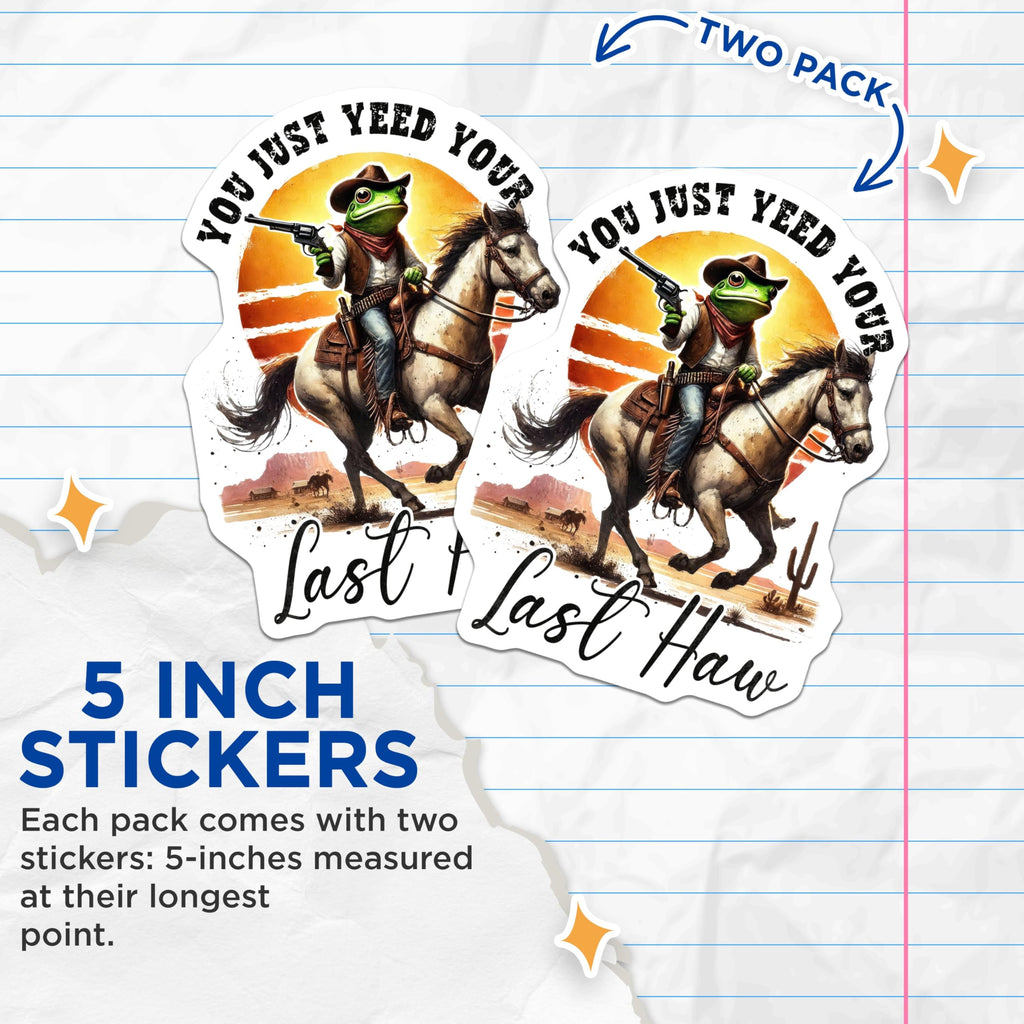 (2 Pack) Funny Cowboy Frog Stickers - Western Humor Decals - Unique Animal Stickers for Laptops Water Bottles - 5" On Longest Side - Sticks to Smooth Flat Surfaces - Made in USA - BMCS5575