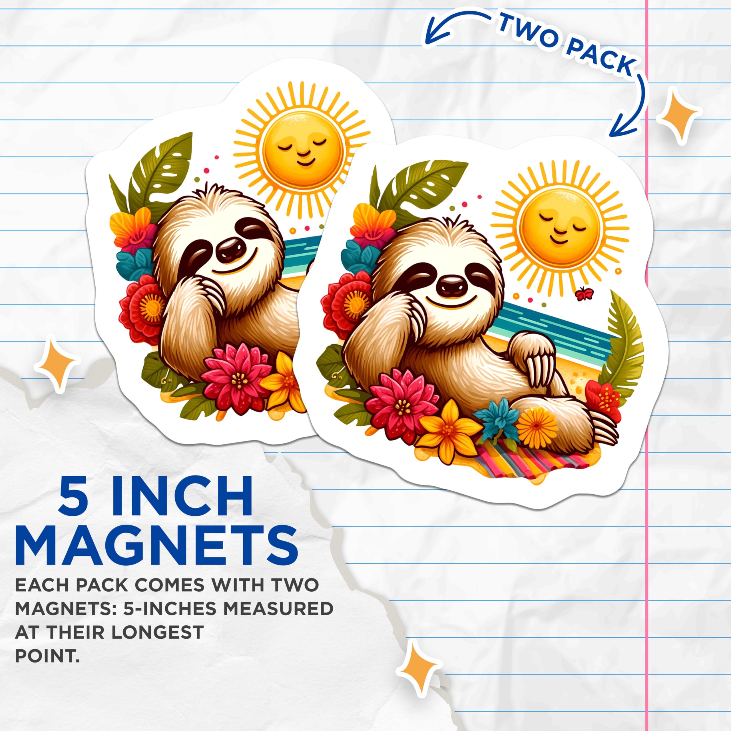 (2 Pack) Cute Sloth Refrigerator Magnets - Tropical Beach Vacation Sloth Art - Sunny Ocean Summer Animal Decor - 5 Inches On Longest Side - Thick Durable Magnet - Made in USA - MAG20466