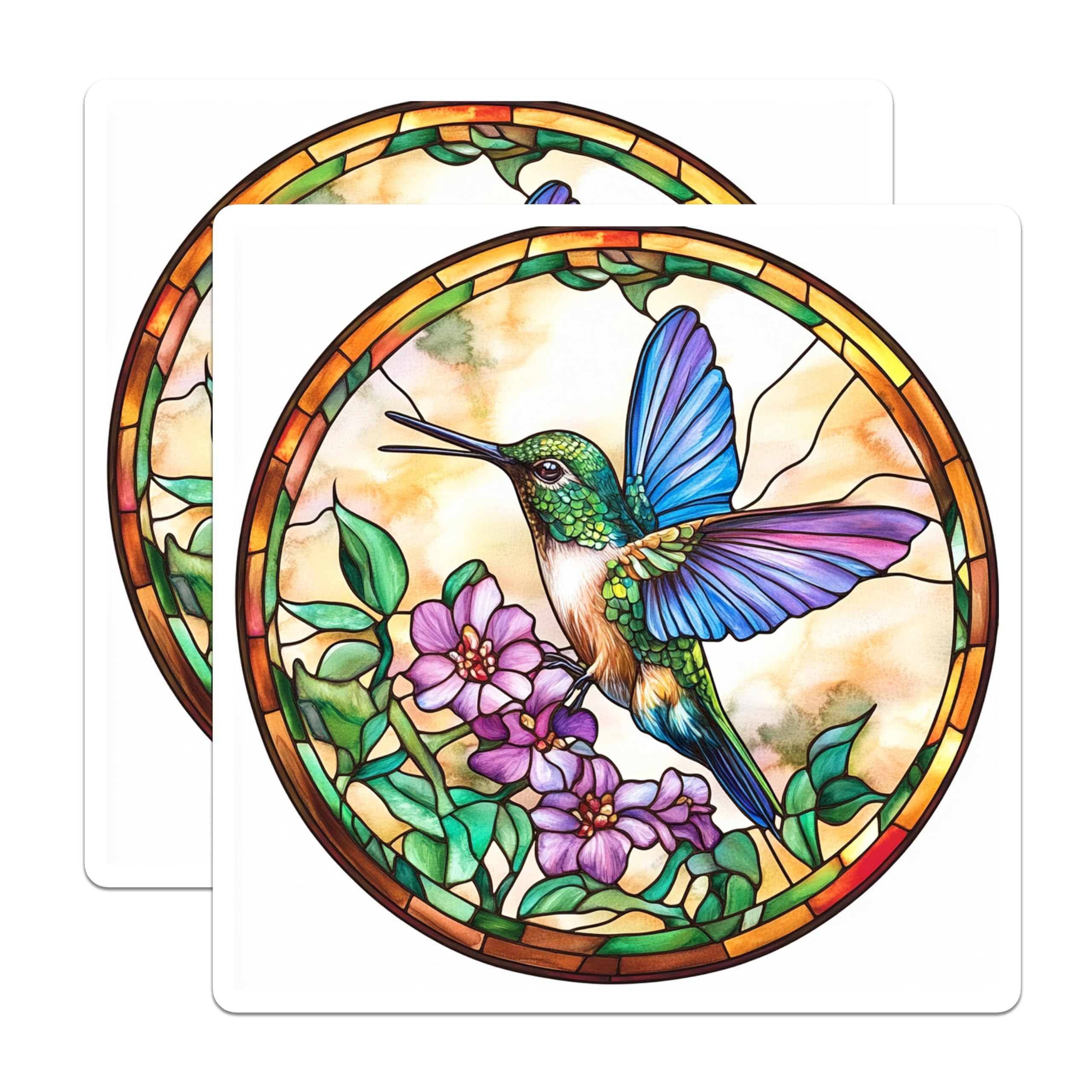(2 Pack) Hummingbird Stained Glass Magnets - Floral Nature Bird Decor - Vibrant Kitchen Accent Art - 5 Inches On Longest Side - Thick Durable Magnet - Made in USA - MAG25201