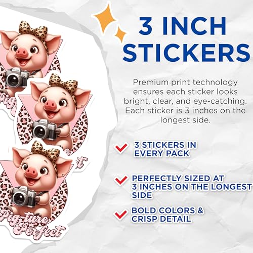 (3 Pack) Cute Pig Decals - Photographer Pig - Pig-ture Perfect Art - 3 Inches On Longest Side - Easy Peel & Apply - Made in USA - 3MCS6693