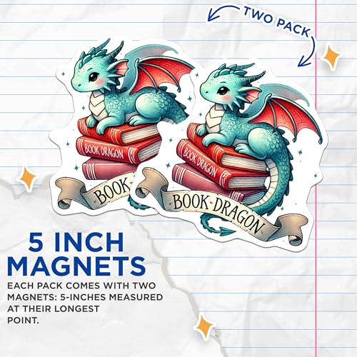 (2 Pack) Book Dragon Magnets - Fantasy Dragon Decor - Cute Dragon Book Lover Magnet - 5" On Longest Side - for Cars, Fridges, Toolboxes - Made in USA - MAG7256