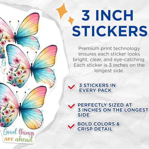 (3 Pack) Butterfly Decals - Floral Wings - Positive Message Decal - 3 Inches On Longest Side - Easy Peel & Apply - Made in USA - 3MCS8494