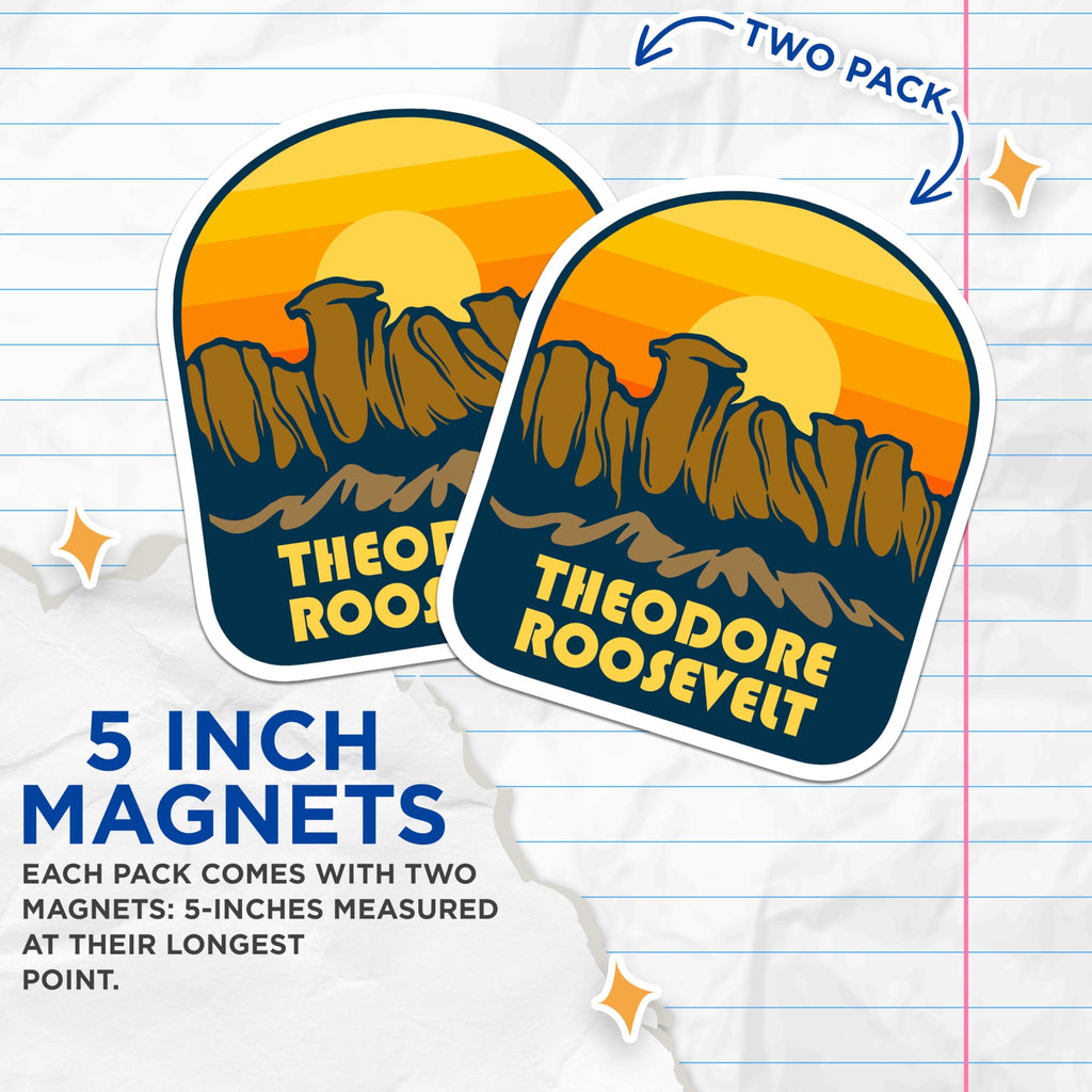 (2 Pack) Theodore Roosevelt Magnets - National Park Decor - Retro Sunset Fridge Magnets - 5" On Longest Side - Premium Magnet - for Cars, Refrigerators, Toolboxes, Lockers - Made in USA - MAG18668
