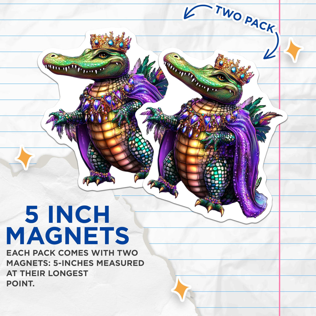 (2 Pack) King Alligator Magnets - Reptile Crowned Decor - Fantasy Alligator Fridge Magnets - 5" On Longest Side - Premium Magnet - for Cars, Refrigerators, Toolboxes, Lockers - Made in USA - MAG14862