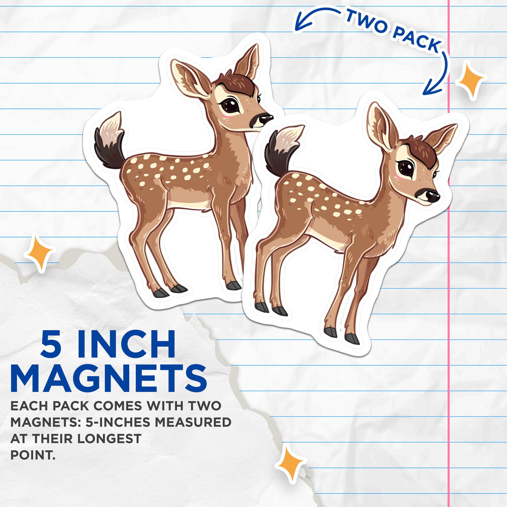(2 Pack) Cute Fawn Magnets - Baby Deer Decor - Woodland Animal Art - Refrigerator Locker Accent - Kawaii Illustration - 5 Inches On Longest Side - Thick Durable Magnet - Made in USA - MAG37274
