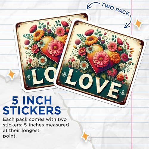 (2 Pack) Floral Love Stickers - Heart Flower Design - Colorful Floral Art - 5" On Longest Side - Sticks to Smooth Flat Surfaces - Made in USA - BMCS7148