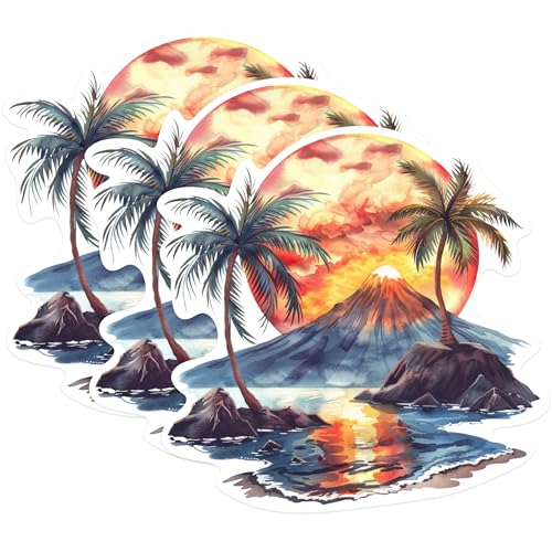 (3 Pack) Tropical Beach Decals - Palm Tree Decal - Sunset Mountain Decal - 3 Inches On Longest Side - Easy Peel & Apply - Made in USA - 3MCS0611