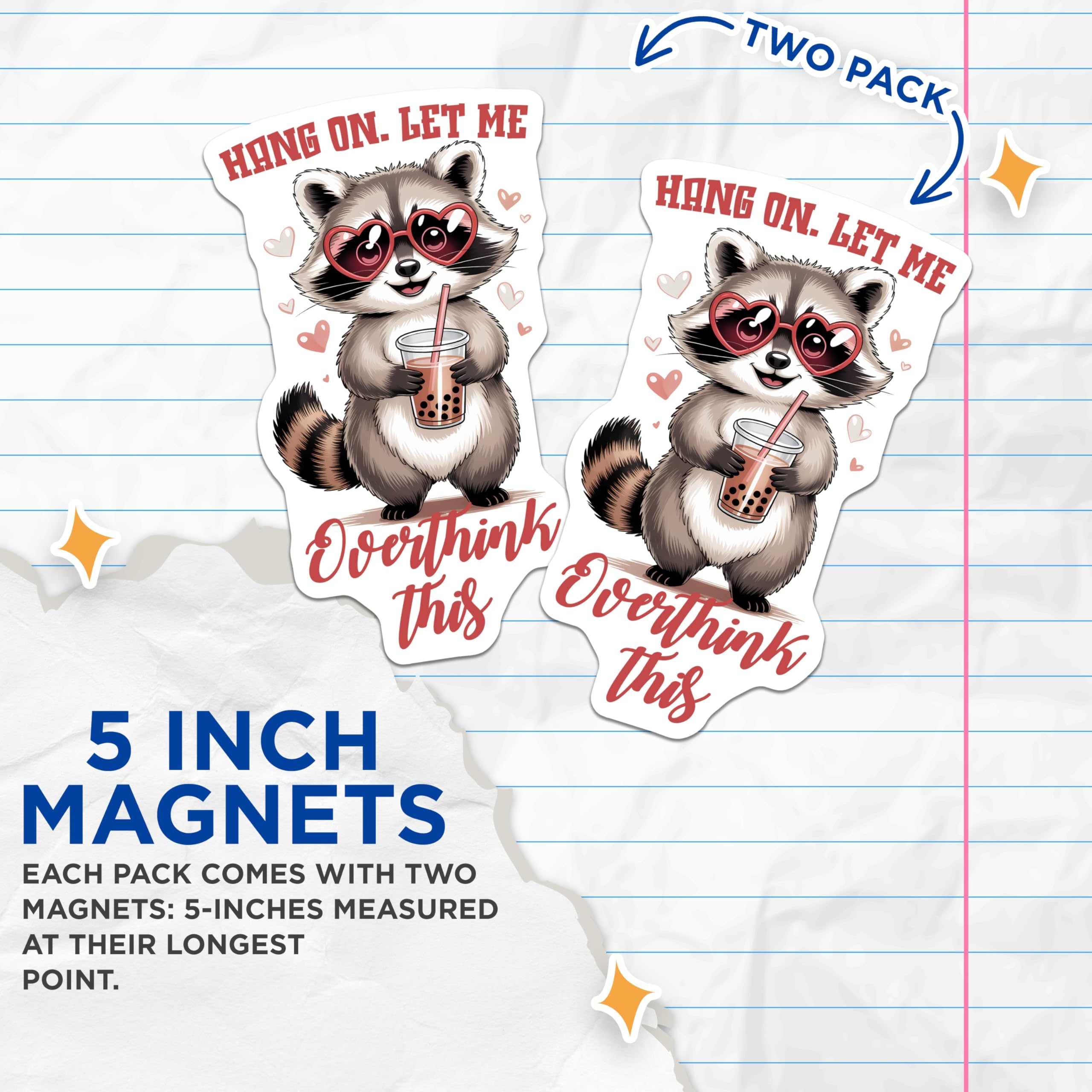 (2 Pack) Raccoon Magnets - Boba Tea Lover - Funny Overthinking Raccoon Magnets - 5" On Longest Side - Premium Magnet - for Cars, Refrigerators, Toolboxes, Lockers - Made in USA - MAG15702