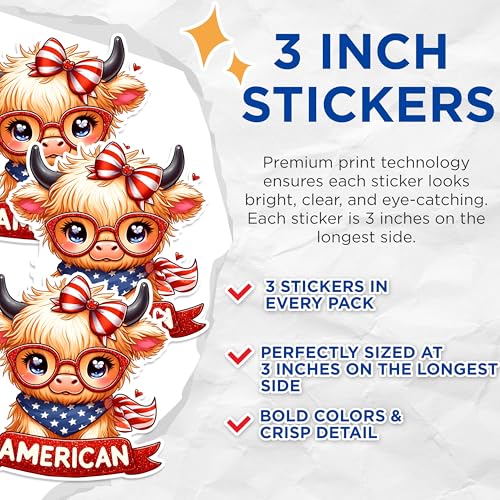 (3 Pack) American Highland Cow Decals - Patriotic Bull - Cute Animal Decal - 3 Inches On Longest Side - Easy Peel & Apply - Made in USA - 3MCS1530
