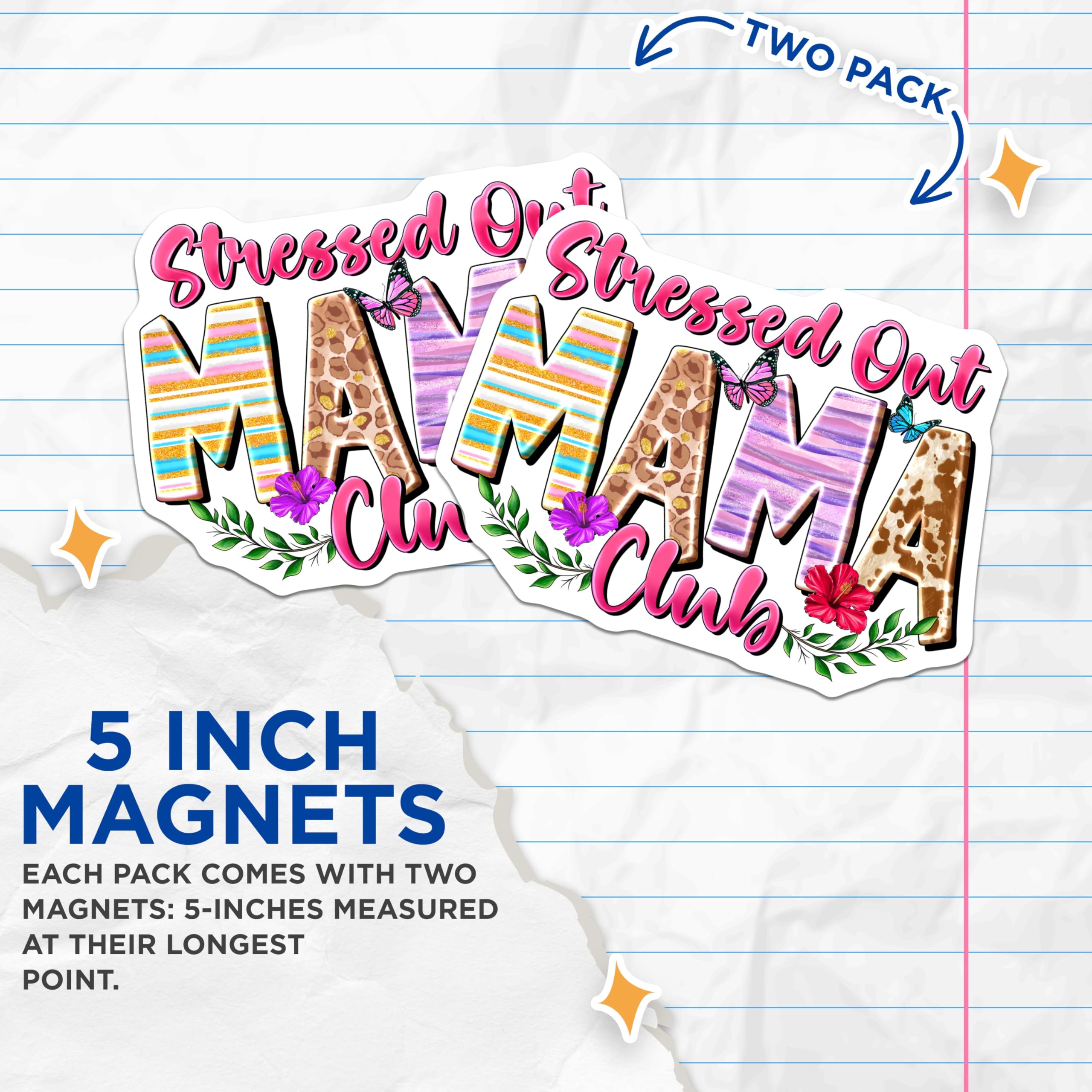(2 Pack) Stressed Out Mama Club Magnets - Funny Mom Fridge Decor - New Mom Appreciation - 5 Inches On Longest Side - Thick Durable Magnet - Made in USA - MAG29399