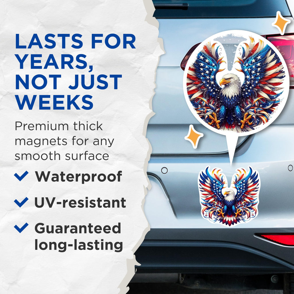 (2 Pack) Patriotic USA Flag Bald Eagle Screaming Eagle Magnets - USA Flag Magnets - 5 Inches On Longest Side - Premium Magnet - for Cars, Refrigerators, Toolboxes - Made in USA - MAG2124