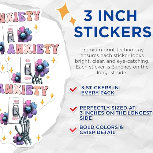(3 Pack) Anxiety On Off Decals - Skeleton Hand - Floral Switch Decals - 3 Inches On Longest Side - Easy Peel & Apply - Made in USA - 3MCS7001