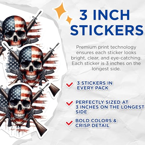 (3 Pack) American Flag Skull Decals - Patriotic Gun - Laptop Decals - 3 Inches On Longest Side - Easy Peel & Apply - Made in USA - 3MCS0256